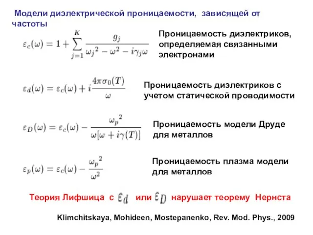 Модели диэлектрической проницаемости, зависящей от частоты Проницаемость диэлектриков, определяемая связанными электронами Проницаемость