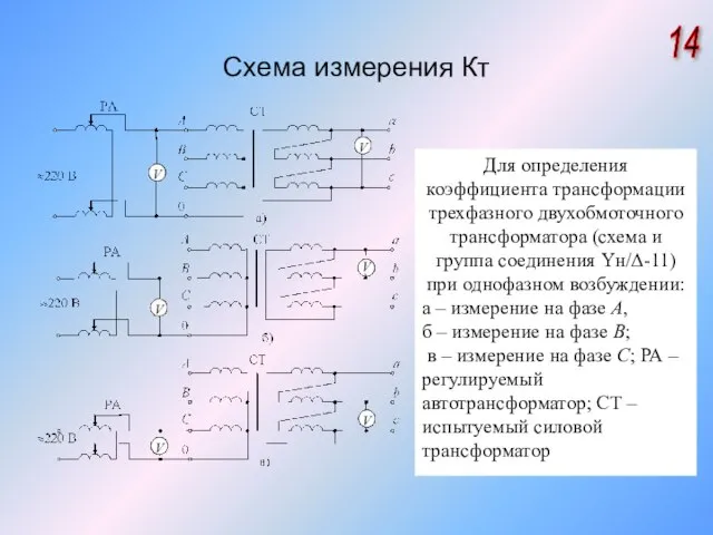 Схема измерения Кт 14 Для определения коэффициента трансформации трехфазного двухобмоточного трансформатора (схема