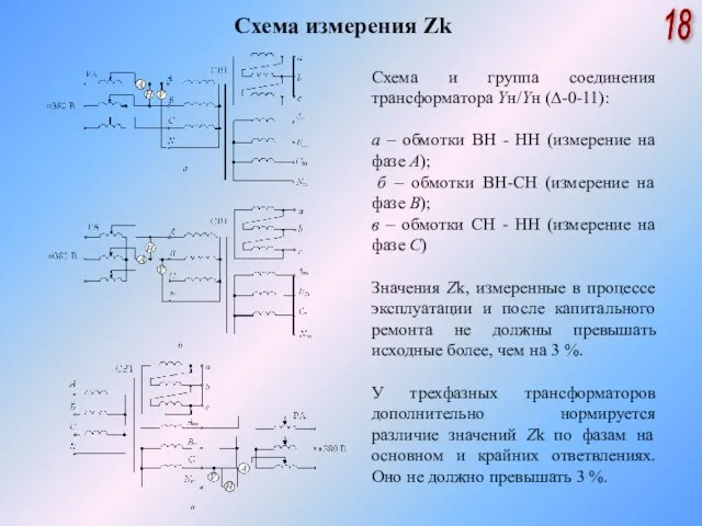 Схема измерения Zk 18 Схема и группа соединения трансформатора Yн/Yн (∆-0-11): а
