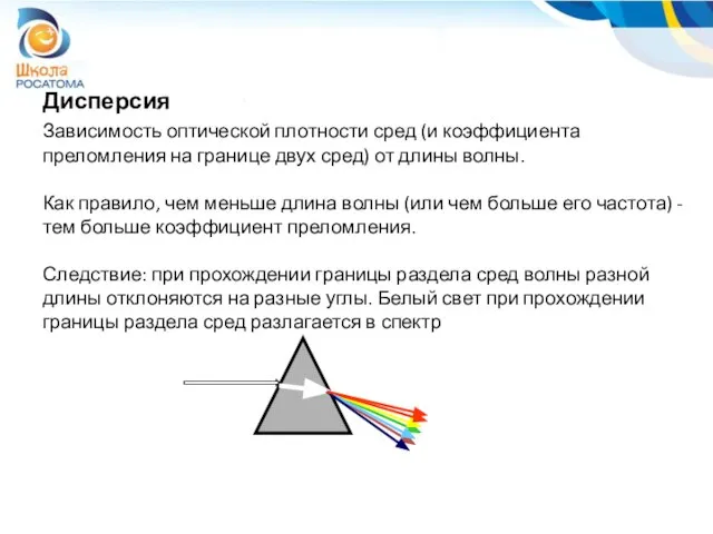 Дисперсия Зависимость оптической плотности сред (и коэффициента преломления на границе двух сред)