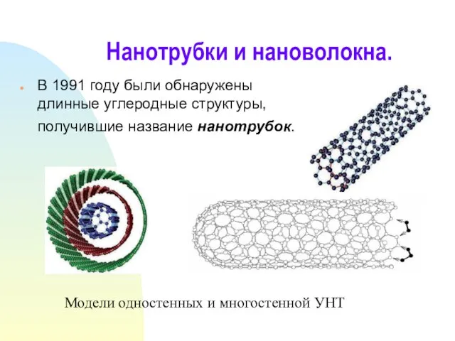 Нанотрубки и нановолокна. В 1991 году были обнаружены длинные углеродные структуры, получившие