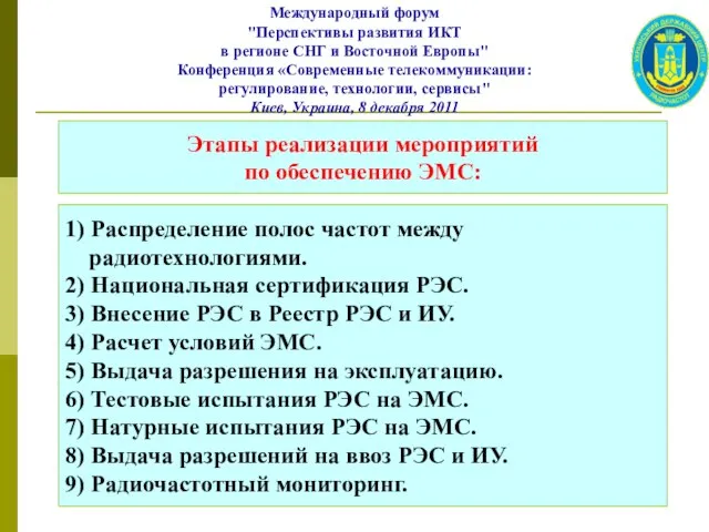 1) Распределение полос частот между радиотехнологиями. 2) Национальная сертификация РЭС. 3) Внесение