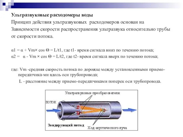 Ультразвуковые расходомеры воды Принцип действия ультразвуковых расходомеров основан на Зависимости скорости распространения