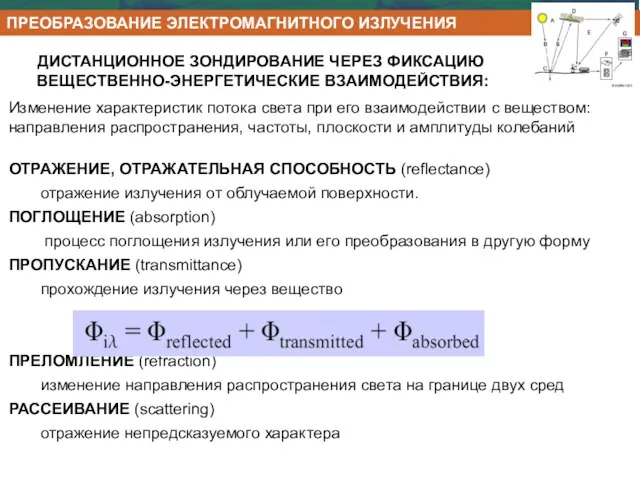 ДИСТАНЦИОННОЕ ЗОНДИРОВАНИЕ ЧЕРЕЗ ФИКСАЦИЮ ВЕЩЕСТВЕННО-ЭНЕРГЕТИЧЕСКИЕ ВЗАИМОДЕЙСТВИЯ: ОТРАЖЕНИЕ, ОТРАЖАТЕЛЬНАЯ СПОСОБНОСТЬ (reflectance) отражение излучения