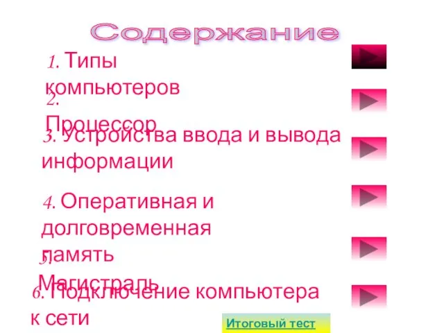 Содержание 2. Процессор 3. Устройства ввода и вывода информации 4. Оперативная и