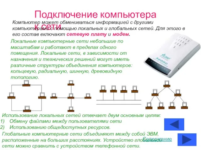 Подключение компьютера к сети. Компьютер может обмениваться информацией с другими компьютерами с