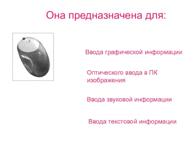 Она предназначена для: Ввода графической информации Оптического ввода в ПК изображения Ввода