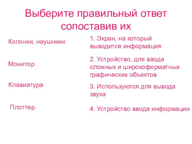 Колонки, наушники Монитор Клавиатура Плоттер Выберите правильный ответ сопоставив их 1. Экран,