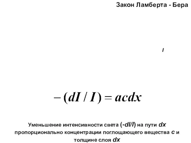 Закон Ламберта - Бера Уменьшение интенсивности света (-dI/I) на пути dx пропорционально