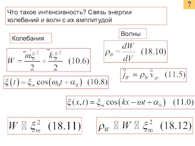 7 Что такое интенсивность? Связь энергии колебаний и волн с их амплитудой Колебания Волны