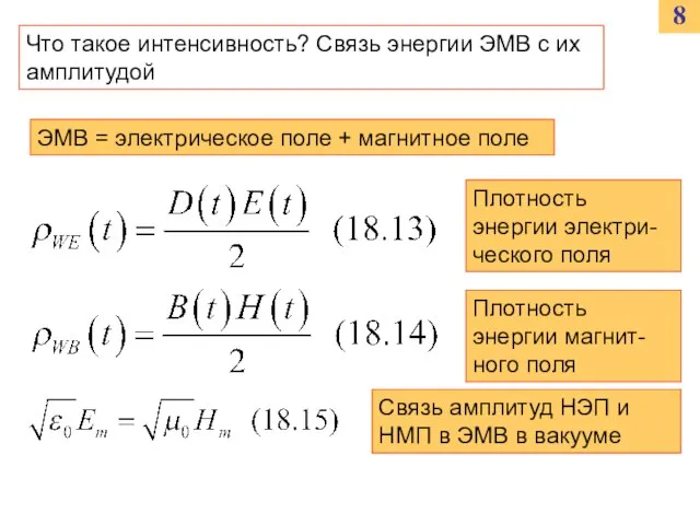 8 Что такое интенсивность? Связь энергии ЭМВ с их амплитудой ЭМВ =