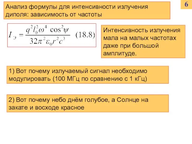 6 Анализ формулы для интенсивности излучения диполя: зависимость от частоты Интенсивность излучения