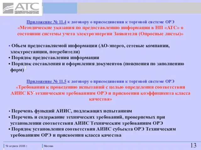 Приложение № 11.4 к договору о присоединении к торговой системе ОРЭ «Методические