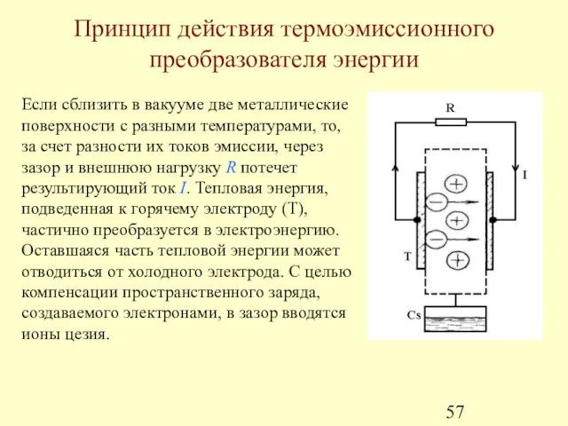 Принцип действия термоэмиссионного преобразователя энергии Если сблизить в вакууме две металлические поверхности