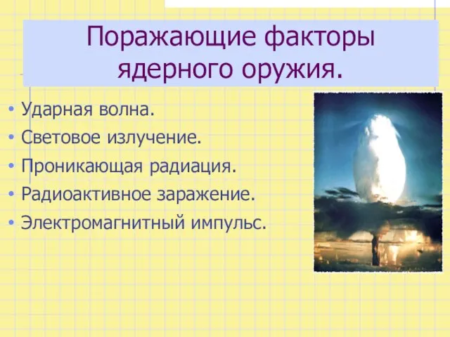 Поражающие факторы ядерного оружия. Ударная волна. Световое излучение. Проникающая радиация. Радиоактивное заражение. Электромагнитный импульс.