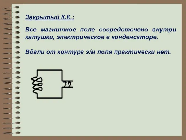 Закрытый К.К.: Все магнитное поле сосредоточено внутри катушки, электрическое в конденсаторе. Вдали