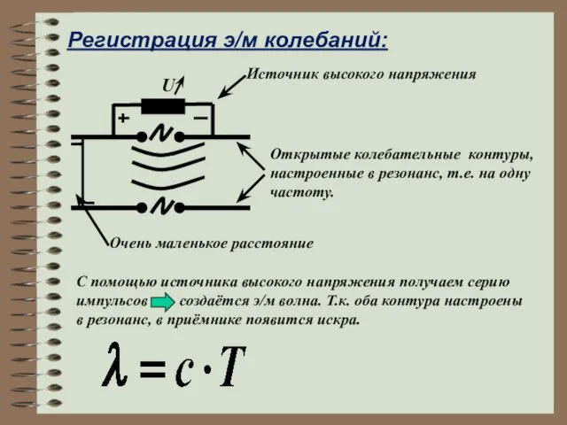 Регистрация э/м колебаний: U Источник высокого напряжения Открытые колебательные контуры, настроенные в