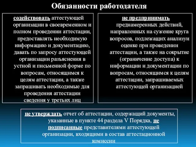 Обязанности работодателя содействовать аттестующей организации в своевременном и полном проведении аттестации, предоставлять