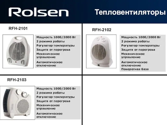 Мощность 1000/2000 Вт Регулятор температуры 2 режима работы Защита от перегрева Механическое