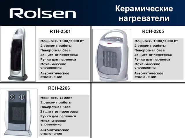 Мощность 1000/2000 Вт Поворотная база 2 режима работы Защита от перегрева Механическое