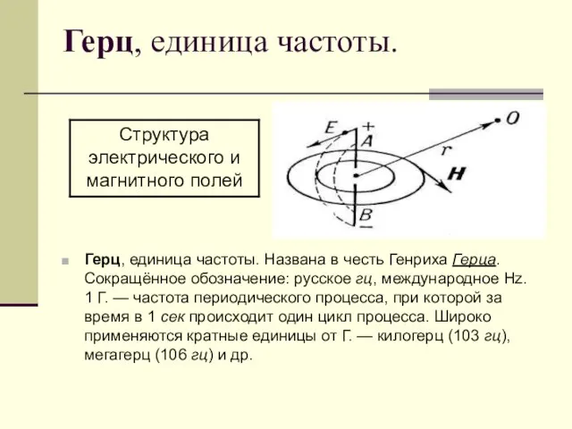 Герц, единица частоты. Герц, единица частоты. Названа в честь Генриха Герца. Сокращённое