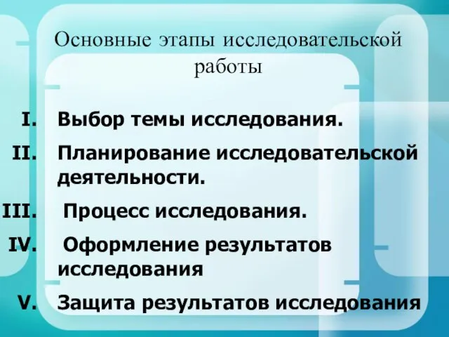 Основные этапы исследовательской работы Выбор темы исследования. Планирование исследовательской деятельности. Процесс исследования.