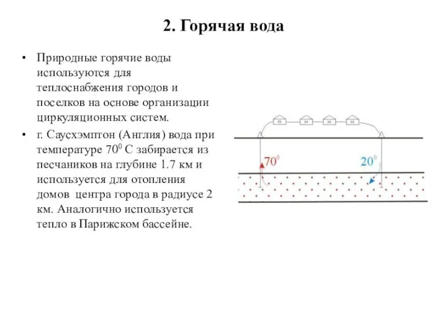 2. Горячая вода Природные горячие воды используются для теплоснабжения городов и поселков