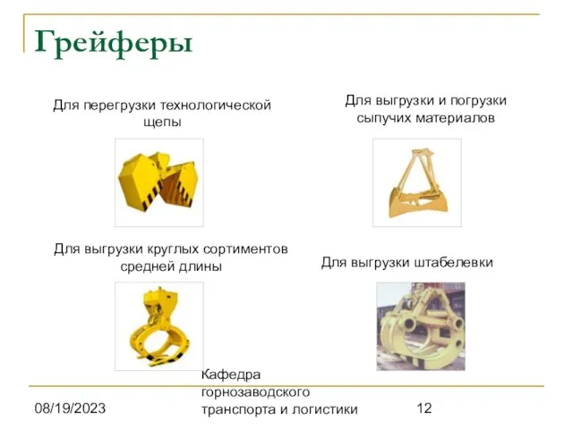 08/19/2023 Кафедра горнозаводского транспорта и логистики Грейферы Для перегрузки технологической щепы Для