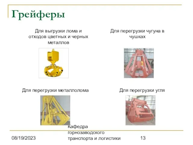 08/19/2023 Кафедра горнозаводского транспорта и логистики Грейферы Для выгрузки лома и отходов