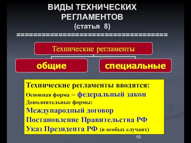 ВИДЫ ТЕХНИЧЕСКИХ РЕГЛАМЕНТОВ (статья 8) ===================================== Технические регламенты вводятся: Основная форма –