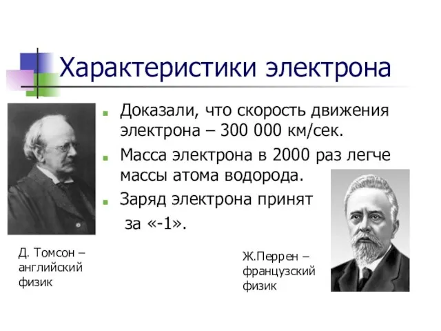 Характеристики электрона Доказали, что скорость движения электрона – 300 000 км/сек. Масса