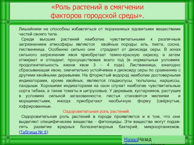 «Роль растений в смягчении факторов городской среды». Лишайники не способны избавляться от