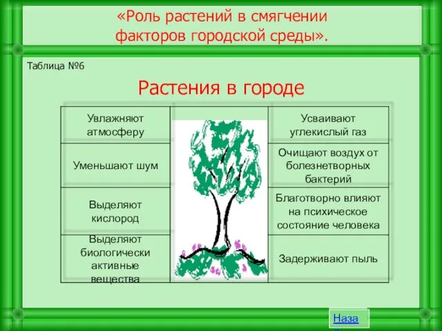 Таблица №6 Растения в городе «Роль растений в смягчении факторов городской среды».