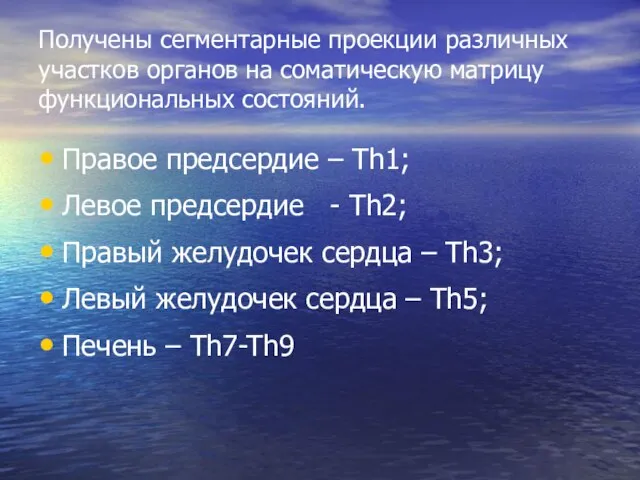 Получены сегментарные проекции различных участков органов на соматическую матрицу функциональных состояний. Правое