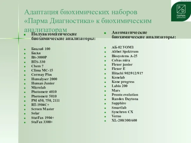 Адаптация биохимических наборов «Парма Диагностика» к биохимическим анализаторам Полуавтоматические биохимические анализаторы: Биалаб