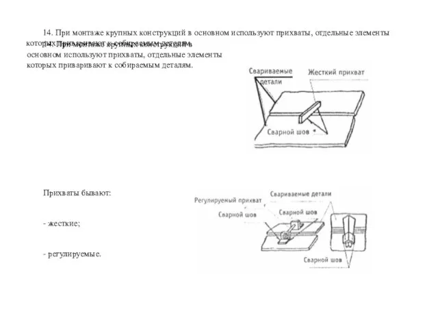 14. При монтаже крупных конструкций в основном используют прихваты, отдельные элементы которых