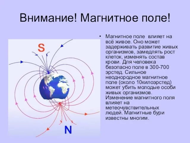 Внимание! Магнитное поле! Магнитное поле влияет на всё живое. Оно может задерживать