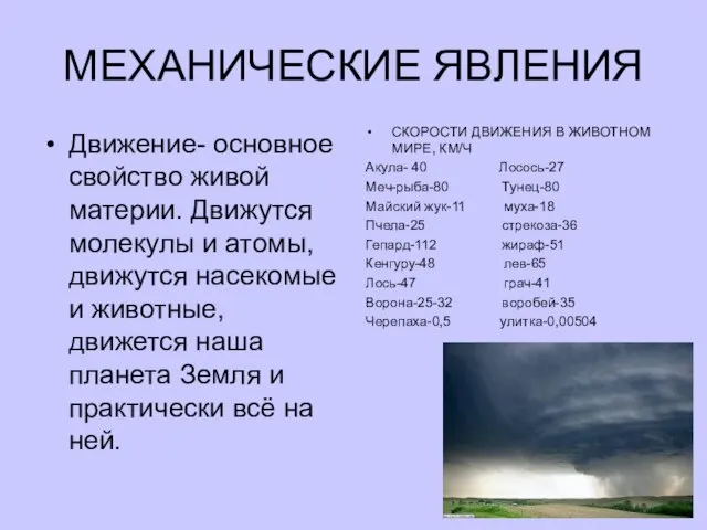 МЕХАНИЧЕСКИЕ ЯВЛЕНИЯ Движение- основное свойство живой материи. Движутся молекулы и атомы, движутся