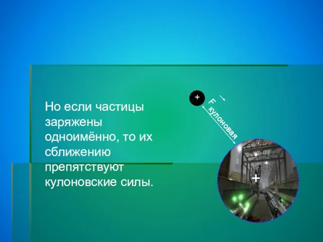 Но если частицы заряжены одноимённо, то их сближению препятствуют кулоновские силы. + + Fкулоновая