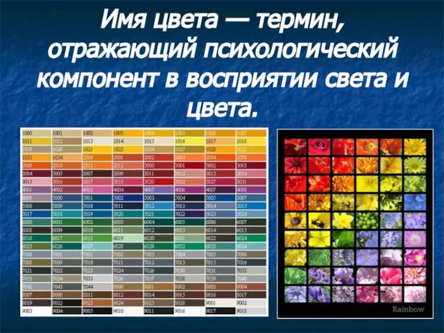 Имя цвета — термин, отражающий психологический компонент в восприятии света и цвета.