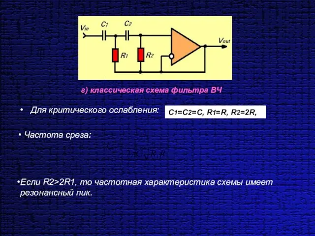 Для критического ослабления: г) классическая схема фильтра ВЧ C1=С2=С, R1=R, R2=2R, Частота