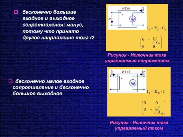 бесконечно большие входное и выходное сопротивления; минус, потому что принято другое направление