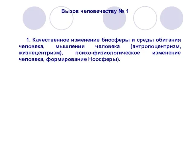 Вызов человечеству № 1 1. Качественное изменение биосферы и среды обитания человека,