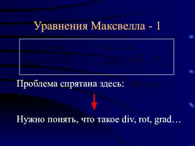 Уравнения Максвелла - 1 Проблема спрятана здесь: Нужно понять, что такое div, rot, grad…