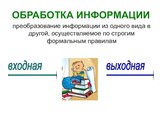 ОБРАБОТКА ИНФОРМАЦИИ преобразование информации из одного вида в другой, осуществляемое по строгим формальным правилам входная выходная