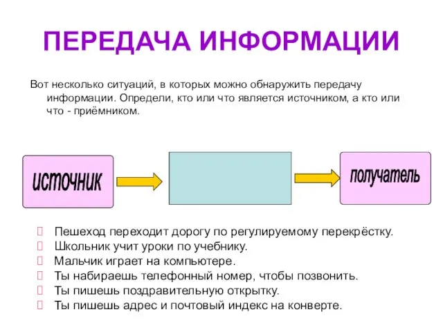 ПЕРЕДАЧА ИНФОРМАЦИИ источник получатель Вот несколько ситуаций, в которых можно обнаружить передачу