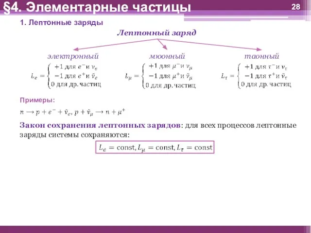 1. Лептонные заряды §4. Элементарные частицы Закон сохранения лептонных зарядов: для всех