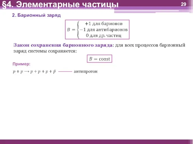 §4. Элементарные частицы 2. Барионный заряд Закон сохранения барионного заряда: для всех