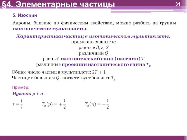 5. Изоспин Адроны, близкие по физическим свойствам, можно разбить на группы –