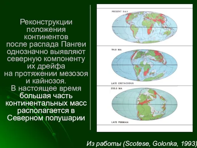 Реконструкции положения континентов после распада Пангеи однозначно выявляют северную компоненту их дрейфа